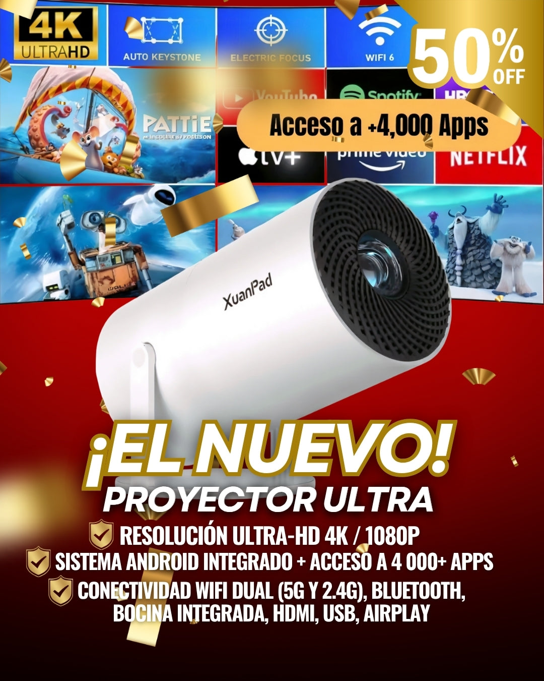 🎬 ¡Uniki® - Proyector Profesional HD 4K Con Sistema Android +4,000 apps WiFi Bluetooth ✨📺